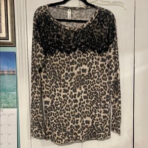 Vanilla Bay Animal Print Top with Black Lace